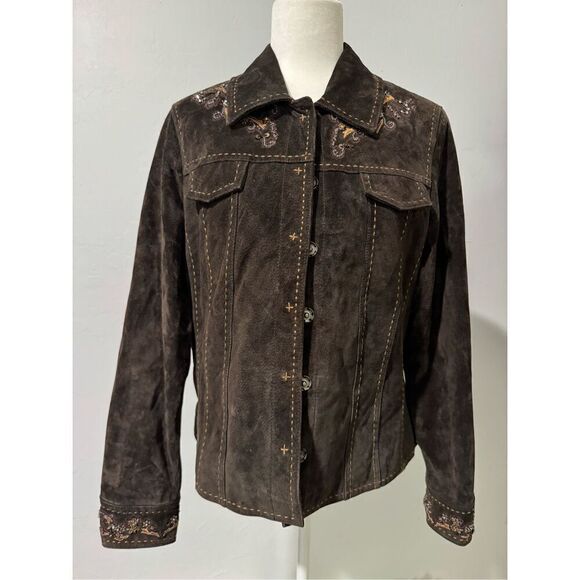 Coldwater Creek Jackets & Blazers - Coldwater Creek brown suede Leather stitching details sequin beaded embellishmen